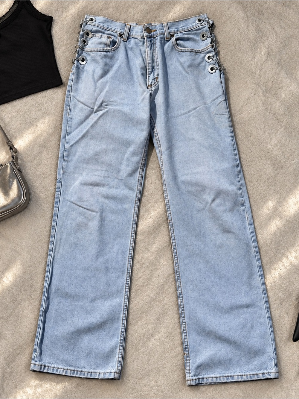Reworked Vintage 725 Originals Light Wash Chain Side Slit Straight Leg Jeans